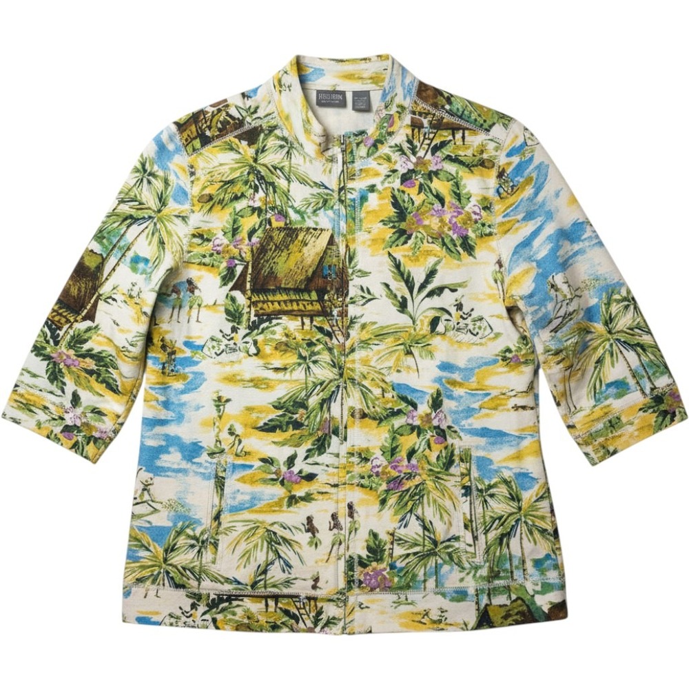 Chico's Additions Tropical Hut XL Zip Up Jacket Multi Full Zip Cotton Stretch